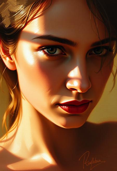 A contemplative woman's portrait, captured in warm, muted hues and expressive brushstrokes, with her face angled to emphasize one piercing eye, as soft shadows dance across her features, imbuing the image with depth and emotional resonance. The artist's signature, a subtle yet confident flourish, proudly displayed at the bottom right corner, hints at a masterful hand, one that prioritizes the evocative power of art over the cold precision of realism, inviting the viewer to step into a world of subtle nuance and timeless beauty.