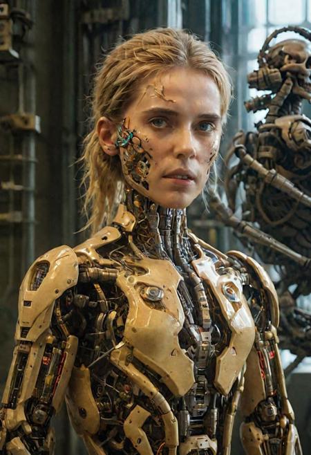 Cyberpunk, sci-fi, dark-fantasy, kodak portrait 400, 8k, soft light, volumetric lighting, highly detailed, britt marling style 3/4, portrait photo of a war man cyborg robot in a chemical laboratory + face, face is skullbone with scares, intricate, elegant, highly detailed, devil-armor, 2D motifs detailed dark fantasy digital painting, artstation, concept art, smooth, sharp focus, illustration, art by Otomo Katsuhiro and Shir Masamune and Oshii Mamoru. Cosmic light in backfront