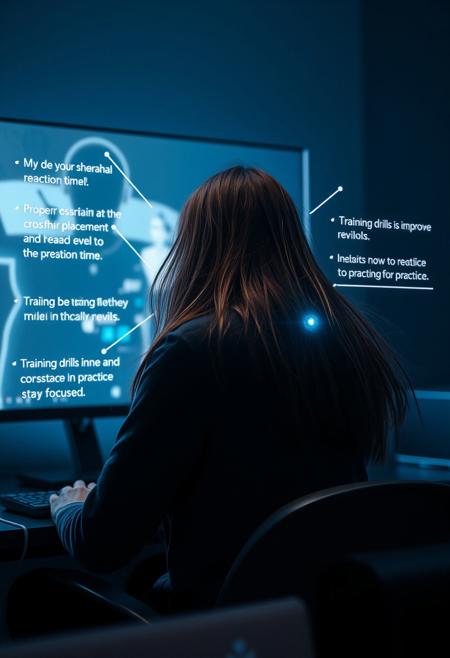 “Create a 16:9 cinematic scene where a player sits at a desk, immersed in a virtual game. The player is focused, with only the screen illuminating the dimly lit room. The operator (AI character) appears as a semi-transparent, holographic presence on the screen, with long, flowing brown hair that moves slightly as if affected by a gentle breeze. The operator’s appearance is human-like yet digital, exuding a calming and knowledgeable aura.
The operator engages in a conversation with the player, offering educational tips. The player asks how to improve their aim and reaction time. The operator provides guidance on proper crosshair placement, emphasizing aiming at head level, and suggests training drills to improve reflexes. The AI advises the player to maintain consistency in practice and take breaks to stay focused.
The scene highlights the interaction between the player and the operator, alternating between close-ups of the player’s focused expression and the glowing, moving presence of the AI. The operator’s words are visually enhanced with floating text or icons, reinforcing the tips. End the scene with the player nodding, smiling, and preparing to implement the advice, feeling confident and ready to improve.”