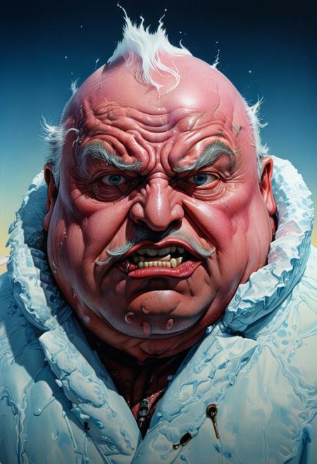 by (Phil Jimenez:1.2) and (Tadanori Yokoo:1.1), hyper realistic medium full shot photo of a (fat and bloated evil baron:1.1),  (delicate , arctic , masterful:1.4), poster art, bold lines, hyper detailed, expressive,  award winning,  dark limited color palette, high contrast, depth of field, (intricate details, masterpiece, best quality:1.4),
dusk and dawn lighting, looking at viewer, dynamic pose, wide angle panoramic view,
<lora:add-detail-xl:0.8> <lora:xl_more_art-full_v1:0.5> <lora:looking_at_viewer:2>