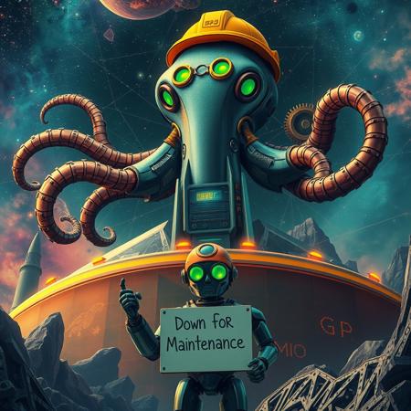 A colossal bio-mechanical space squid, adorned with brass, copper, and a construction hat, hovers over a sharp, geometric alien planet housing a massive GPU server. Glowing portholes, gears, and steampunk details contrast with vibrant nebulas and retro stars. The scene masterfully blends retro-futurism with modern digital art. a robot holding a sign at the bottom that reads, 'Down for Maintenance.'