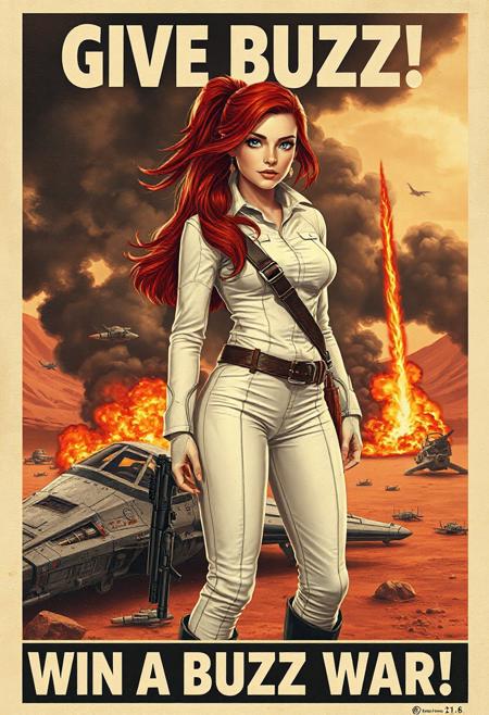 (Star Wars style), (old style propaganda poster), text on top of poster says “GIVE BUZZ!”:1.4, text at bottom of poster says “WIN THE BUZZ WAR!! “:1.8, 
 (long red hair, crystal blue eyes, full pouty lips, small perky nose), Elegance and poise, standing next to her crashed Star fighter which is on fire and billowing dark smoke,  Her long  deep-red hair pulled into a loose ponytail, windblown hair, alert in the middle of a battlefield on a distant desert planet, explosions in the sky, crashed space fighters crashed and burning in the distance, 
 Her shapely form was perfect in the skin tight white  uniform is torn exposing her toned midriff, toned abdomen,  The pistol she wore looked like something from an old western.  Leather holster on her right hip, The scar under her left eye was hardly noticeable, but also a warning. She was tough abd beautiful. Her perfect face and blue eyes sparkling with iridium dust let you know she had augmented strength behind her delicate frame. 
Medium round breasts, braless, wide hips, long toned legs, black leather boots,