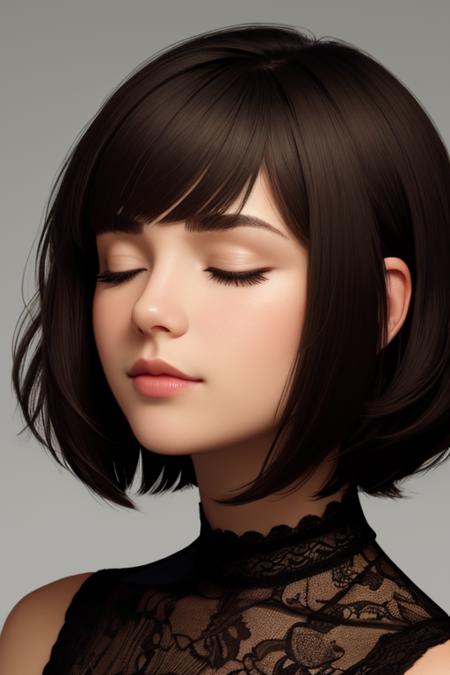 face closeup,closed eyes,beautiful girl,brunette,short hair,curly bob cut,dark theme, detailed skin, empty background