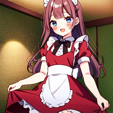 masterpiece, best quality,<lora:WakaSakuraba:0.8>, waka sakuraba, 1girl, solo, long hair, looking at viewer, blush, smile, open mouth, bangs, blue eyes, apartment, brown hair, hair ornament, thighhighs, dress, bow, very long hair, short sleeves, :d, heart, cowboy shot, frills, hairclip, puffy sleeves, bowtie, apron, puffy short sleeves, maid, maid headdress, red dress, frilled dress, pink bow, white apron, maid apron, frilled apron, enmaided, skirt hold, pink bowtie