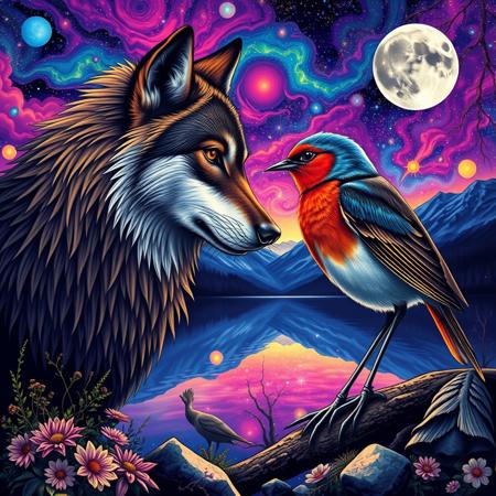 male wolf and a female robin staring lovingly into each other eyes while tripping on LSD by a lake in the mountains under a trippy psychedelic sky. psychedelic artwork style of alex grey