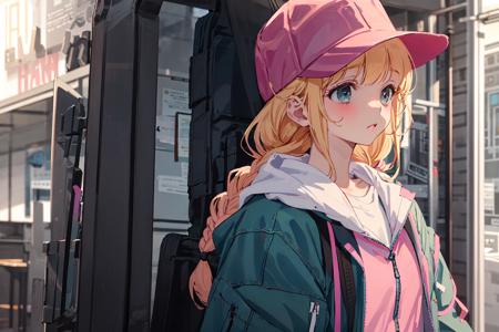 masterpiece, best quality, 1girl, grey jacket, pink hoodie, pink baseball cap, <lora:tsukimiEikoYaBoyKongming_v10: 0.7>