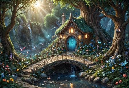 (Isekai anime style.Anime coloring.(0.9))In a whimsical world, a beautiful fairy garden blooms with vibrant flowers and sparkling fountains. A delicate, crystal bridge spans a gentle stream, leading to a majestic tree with leaves that shimmer like diamonds. A friendly, fluffy rabbit hops along the winding path, surrounded by fluttering butterflies and sweet, singing birds. The garden is filled with hidden treasures, like a tiny, glowing fairy door and a secret, shimmering cave. A soft, fluffy cloud drifts lazily across the sky, casting a warm, gentle shadow over the garden. The air is filled with the sweet scent of blooming flowers and the soft, soothing sound of gentle chimes. It's a peaceful, magical place where dreams come alive and wonder waits around every corner.master_class,master_piece,up_8,up_9,perfect beautiful,perfect beautiful early morning light.
