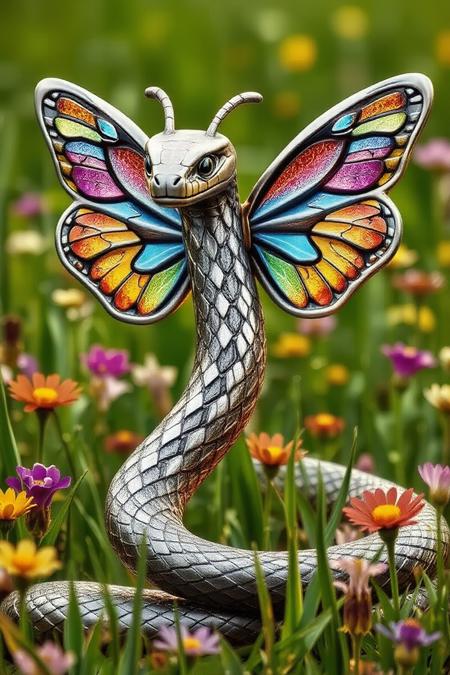 A metal snake with butterfly wings on a lush meadow. High grass, colorful flowers, surreal,