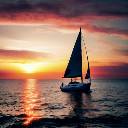 photo, a sailboat in the ocean at sunset (ModernCity style:1) <lora:djzModernCityV21:1>