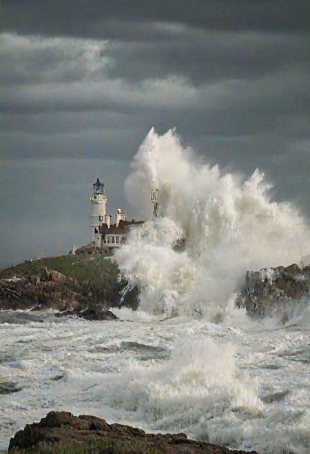Rough sea, 
huge waves crashing on rocks, 
green and white lighthouse standing on grassy headland in dramatic evening light, 
scattered cumulus nimbus with lightning