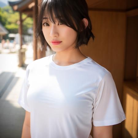 meimiyajima,Hyper-detailed,hyper realistic,1girl, shirt, looking at viewer, white shirt, upper body,short sleeves <lora:meimiyajima_loha:0.7>