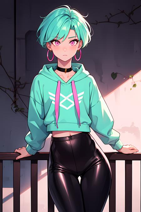 masterpiece, best quality, 1boy, Ray tracing, hdr, volumetric lighting, solo,
Leaning on a railing, 
Pastel blue and mint green ombre hair, Ivy League, playful Hot pink eyes, small hoop earrings, choker,
athletic, flat chest, medium waist, narrow hips, Graphic Hoodie, Leather pants, <lora:KTF_01:1>