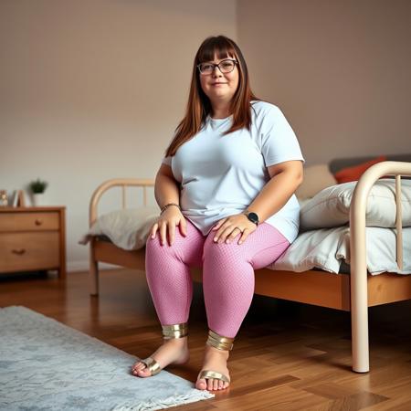 A full body shot of a chubby adult Scottish woman with long straight bangs, glasses, a white t-shirt, and pink textured leggings. She is barefoot wearingmetal cuffs on ankles sitting  the side of a daybed in a bedroom with hardwood floors. Warm lighting,