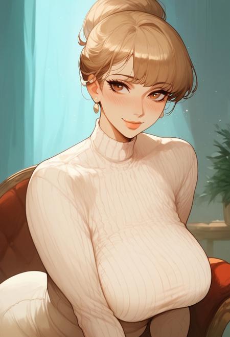 score_9, score_8_up, score_7_up, Expressiveh, masterpiece, g4n1m3, csr style, 1woman, solo, alone, milf, motherly, mother, curvy, chubby, bottom heavy, large hips, round ass, light brown hair, brown eyes, updo, long bangs, lavish clothing, horny, blushing, loving look, in love, indoors, bright lighting, soft smile,