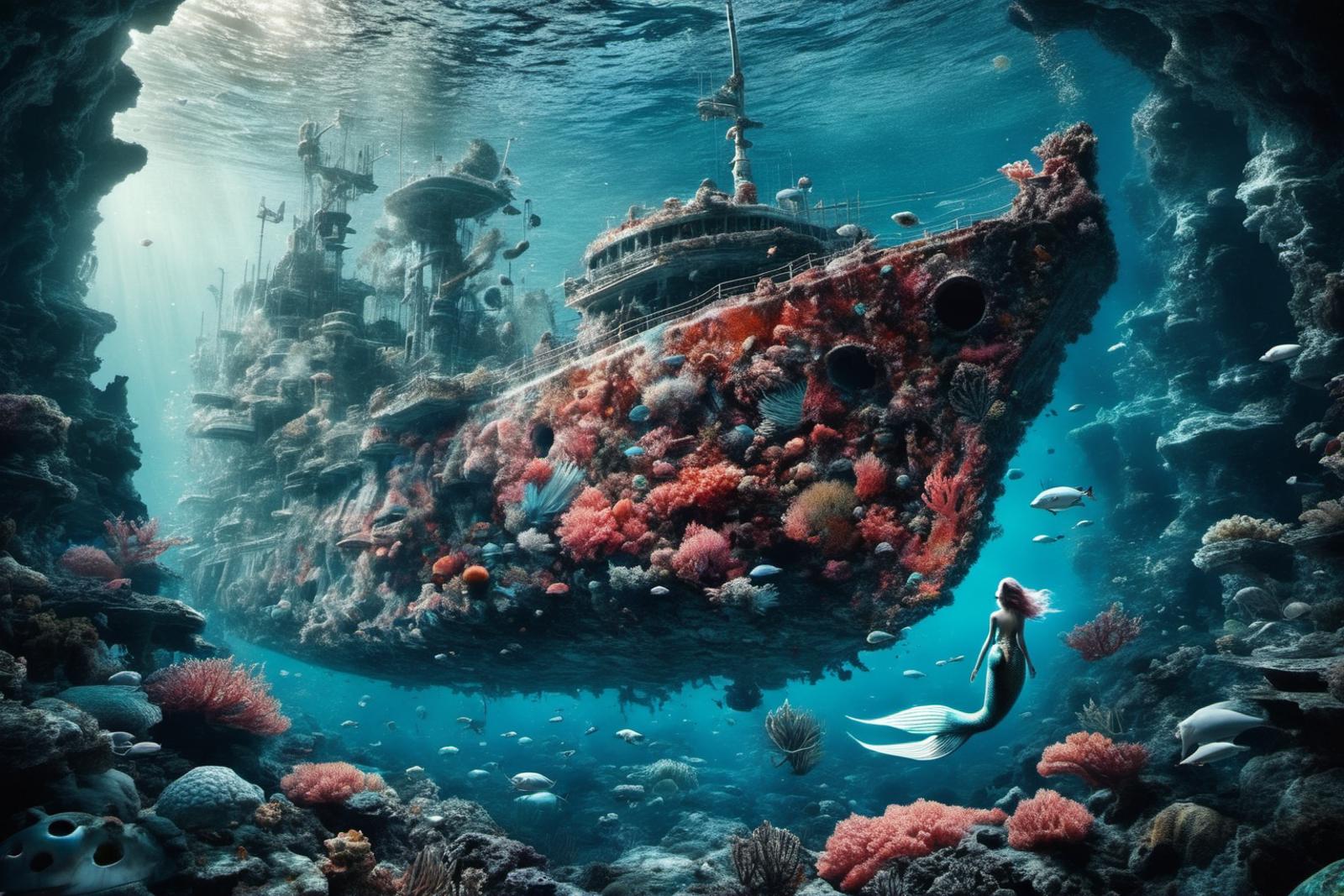Artistic Underwater Scene with a Mermaid and an Underwater Castle or Ship