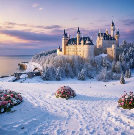 castle, flowers, delicate scene, sky,white clouds,and sunlight shine on the snow-white beach. flowers roses and shiny large shells, diamond crystal, on the beach, fantasy, sky night , moon, smoke , fire, photo, HD, 8K