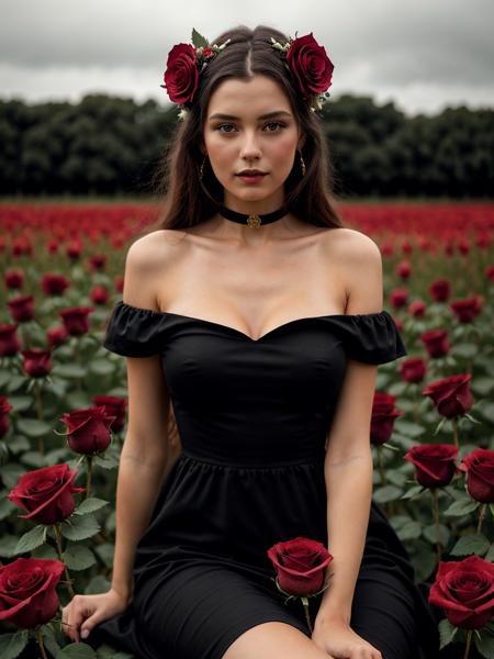 a woman in a black dress sitting in a field of red roses, inspired by John Collier, red magic surrounds her, female body, roses in her hair, la catrina, by Wyke Bayliss, beautiful, marc brunet, by ESAO, nsfw,