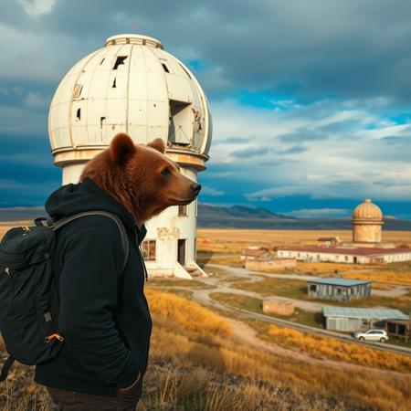 An anthro grizzly bear urban explorer wearing a black hoodie is exploring an abandoned space observatory in rural Kazakhstan. The bear is carrying a backpack. A large dilapidated white dome dominates the site with many other buildings in various states of disrepair. There are great hills and mountains behind grasslands in the background. It is early noon in autumn and the sky is cloudy with a beautiful gradient of blue.