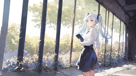 best quality, high resolution, 1girl, solo, landscape, ahoge, white blue hair, ((white shirt), (overfit shrit)), long hair, standing, twintails, [[mild heterochromia]], fantasy