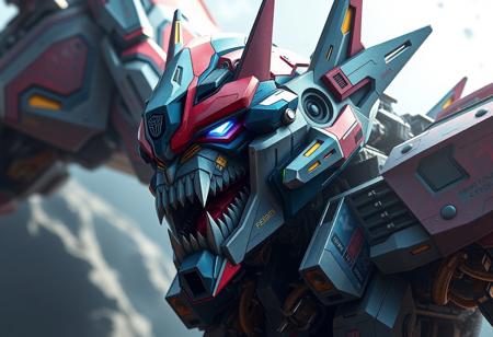 Create a high-definition, hyper-realistic artwork of a robot mecha fused with Optimus Prime, incorporating elements of Ainz Ooal Gown and Bixbite. The artwork should be inspired by the styles of Gu An, Xenogears, and various artists (WLOP, Ilya Kuvshinov, Katsuhiro, Villeneuve, Artgerm, Jeremy Lipkin, Michael Garmash, Rob Rey, Tristan Eaton, Stanley Artgerm, Tom Bagshaw, Greg Rutkowski, Carne Griffiths). Ensure the artwork features a close-up of the robot's sharp, fox-like teeth and a colorful, muscular design. Apply the golden ratio and incorporate intricate complexity, as seen in 8K, high-resolution concept art from arcade games, anime key visuals, and digital art. Trending on Artstation, the artwork should be a masterpiece of science fiction and fantasy.