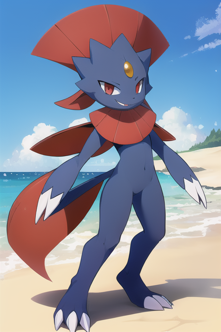 Weavile, bluish fur, orange gem, red eyes, smiling, cute, sexy, full body