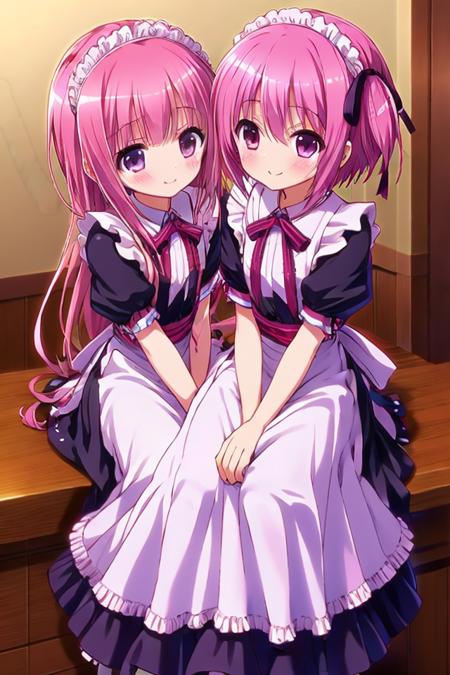 masterpiece, best quality, absurdres, cute, ultra-detailed, 2girls, indoors 
AND, 2girls, hakamada hinata, very long hair, maid, maid headdress, smile, sitting 
AND, 2girls, minato tomoka, short hair, one side up, hair ribbon, maid, maid headdress, smile, sitting,
<lora:ro_kyu_bu_v6-000080:0.6>