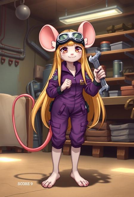 score_9, score_8_up, score_7_up, score_6_up, score_5_up, score_4_up, detailed background, indoors, workshop, full body view, mouse feet, barefoot, mouse girl, anthro Mouse girl, long blond hair, mouse tail, one tail, goggles on head, gadget_hackwrench, purple mechanic suit, smile, front view, white fur, detailed fur