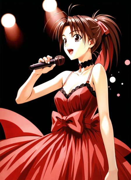 akamatsu ken <lora:akamatsu_ken_offset:1.2> narusegawa naru,  masterpiece, best quality, 1girl, alternate hairstyle, bare shoulders, bow, breasts, brown eyes, choker, cleavage, dress, idol, long hair, medium breasts, microphone, orange hair, ponytail, solo, v