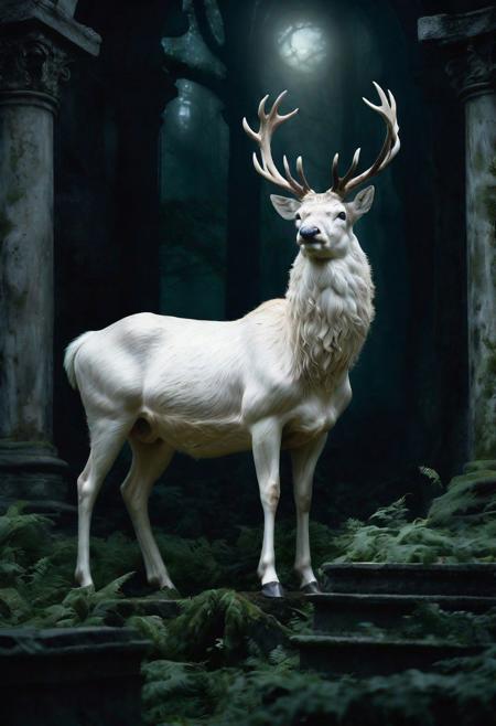 A regal white stag standing among ruins in dark mysterious forest , showcased as a Renaissance-style oil painting. The lighting is soft and natural, enhancing the rich greens and deep blacks of the scene, capturing a mysterious mood. In a style reminiscent of Titian. , 8k,
