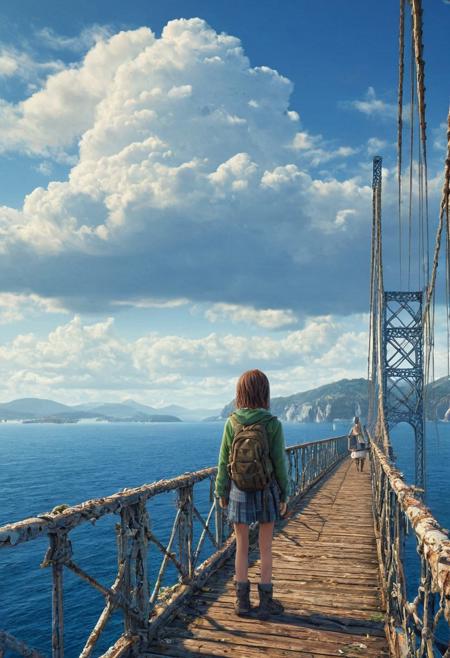 DFC, 1girl,nonomi \(blue archive\),post-apocalypse,ivy,beach, bird, blue sky, boat, bridge, building, city, cloud, cloudy sky, day, facing away, from behind, horizon, lake, mountain, mountainous horizon, ocean, outdoors, railing, river, road, scenery,,masterpiece, best quality, very aesthetic, absurdres,
