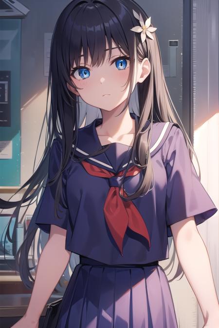 satenruiko, <lora:satenruikotest:1>, saten ruiko, black hair, blue eyes, long hair, hair ornament, flower ornament, (flat chest:1.2),
BREAK blue skirt, pleated skirt, sakugawa school uniform, school uniform, serafuku, skirt, summer uniform,
BREAK looking at viewer,
BREAK city,
BREAK <lora:GoodHands-vanilla:1>, (masterpiece:1.2), best quality, high resolution, unity 8k wallpaper, (illustration:0.8), (beautiful detailed eyes:1.6), extremely detailed face, perfect lighting, extremely detailed CG, (perfect hands, perfect anatomy),