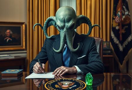 president cthulu in a sharp pin striped suit posing for presidential portrait in the oval office, real photograph, signing bill, empty eyes, lovecraftian, vote for cthulu photorealistic, correct hands, correct fingers, seal of the president of the united states, ad to vote, republican, election, decorative green otherworldly crystal on desk