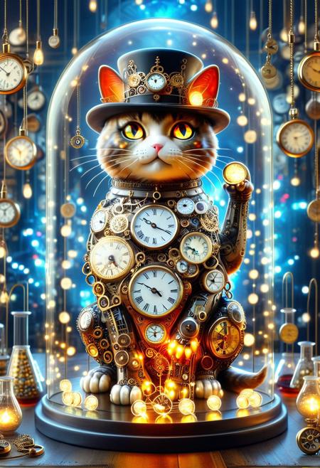 Clock_Style, Photorealistic full body portrait of steampunk inspired maneki-neko statue with a top hat and glowing amber eyes, sitting on a gold ingot, in a glass dome, wrapped in multicoloured fairy lights, surrounded by clocks and stopwatches