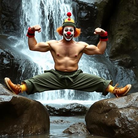 kungfu action movie from the 80s, the hero is an ex special forces clown, the hero has a full face clown makeup complete with a silly hat and foam red nose, he is shirtless displaying his muscular hairy masculine torso, he wears military pants and oversized clown shoes, the hero is doing a split between two rocks under a waterfall as part of his martial art training, he is flexing his arms like a body builder showing his strong arm biceps