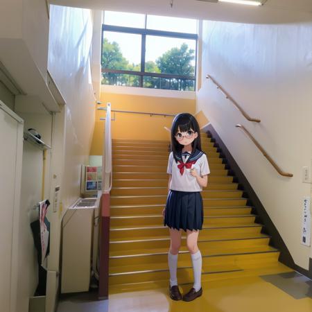 best quality, ultra-detailed, illustration,
1girl, glasses, black hair, long hair, black eyes, school uniform, blush, looking at viewer, standing,
kaidan, stairs, scenery, window, realistic, photo background, photo (medium)
 <lora:Kaidan_school_SD15_V4:1>