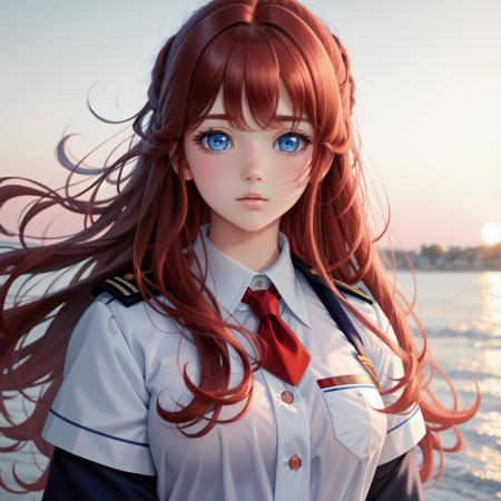 best quality, masterpiece, wallpaper, blue_eyes, detailed, face_focus, dawn, outdoors, uniform, puffy_hair, thick_hair, 1girl,red_hair,