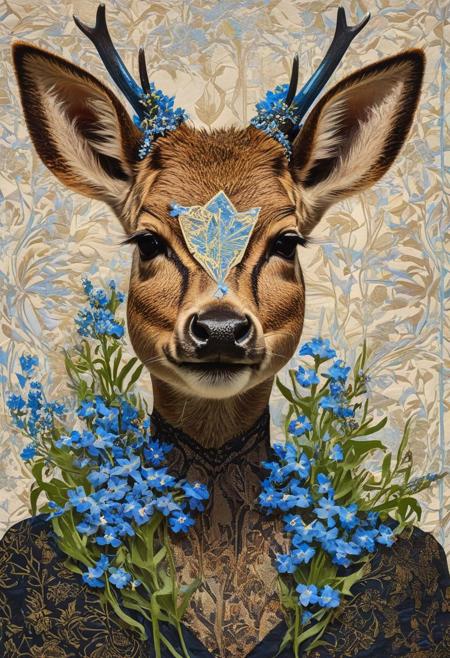 Surreal textile portrait, 
punk grunge girl adorned with forget-me-not flowers fused with paper multilayer dystopia, 
arabesque deer, 
wind-theme, 
vintage postcard aesthetics, 
neon-lit earthy elements akin to Andy Goldsworthy's hyperrealism, 
under starlit firmament, 
direct eye contact, 
ultra clear, 
perfect composition, 
reflective surfaces, 
rich colors, 
vivid textures, 
ethere