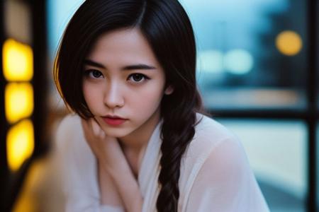 photograph of 1beautiful girl, perfect face, perfect eyes, cute face, innocent, sad, pale skin, small waist, wide hip, 18 years old, large crowd in background, bokeh, sharp focus on subject, dslr, dramatic lighting, film grain, low saturation, lomography, ultra high resolution, 8k, in public, shopping mallll