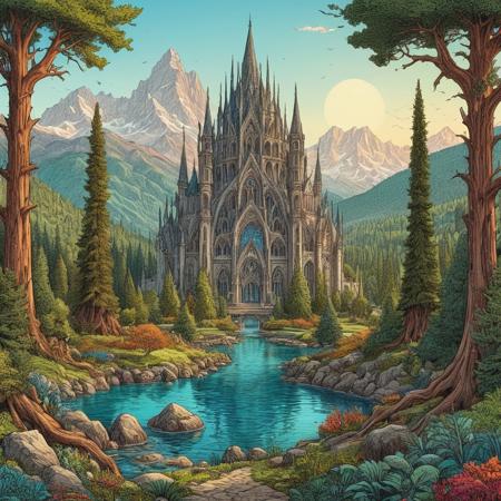 artwork depicting a fantastical landscape with a central, towering structure surrounded by tall, slender trees resembling cypress. The structure is symmetrical, with pointed arches and spires, giving it a cathedral-like appearance. It is situated on a lush, green island at the confluence of two turquoise rivers that flow around it, creating a natural moat. The background features a range of jagged, snow-capped mountains under a clear blue sky with a setting sun casting a warm glow. The scene is serene and otherworldly, with vibrant colours and intricate details, emphasizing the grandeur and tranquillity of the environment. A surreal fantasy panoramic, vibrant coloured ink art, line art.