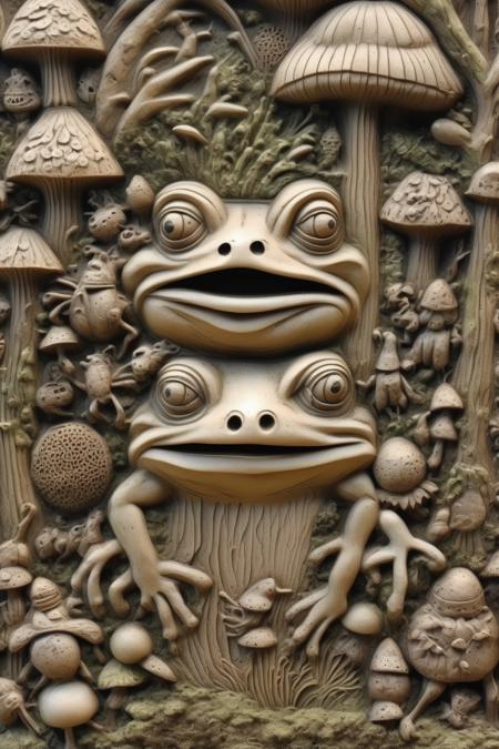 <lora:BAS-RELIEF:1>BAS-RELIEF - insanely detailed and complex ancient carved relief in wood in a forest of the hermit as a frog in moss mold and poisonous fungi covered in insects close up photograph