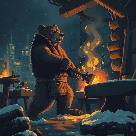 In Bear City, the forge burns bright,
A blacksmith's hammer in the night.
Steel meets stone with every strike,
Forging weapons, fire and light.
Paws calloused, muscles strong,
Each swing a rhythm, fierce and long.
Sparks fly in the winter air,
As the city hums a tale of care.
Anvil’s echo, a song of might,
In Bear City’s heart, the flames ignite.