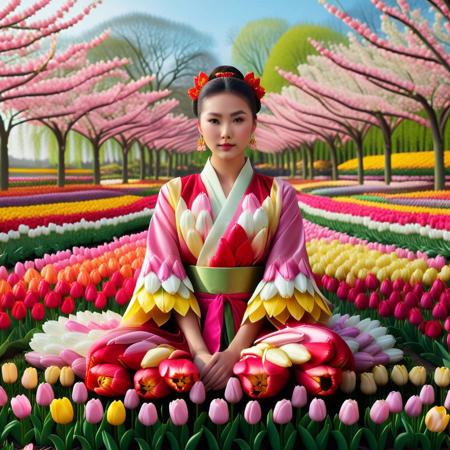 jaynl-tm, made of tulips, 1girl, Asian, seated gracefully on a  yokozuwari pose in a fantastical tulip-infused landscape, surrounded by vibrant cherry blossoms reimagined with tulip petals. She wears a traditional Chinese hanfu made of tulips, intricately crafted from multicolored tulips—bold yellows, pastel pinks, and radiant reds—with wide sleeves. (Clothes made of tulips). Her single hair bun is decorated with a tulip-inspired ornament and delicate tulip-textured flowers. Jewelry glimmers like drops of morning dew on tulip petals. A serene expression graces her face as she gazes softly at the viewer. The background showcases a kaleidoscopic tulip garden, with a tranquil river reflecting surreal tulip hues, and a majestic tulip tree in bloom. The entire scene glows with soft, natural lighting, capturing the elegance of nature reimagined