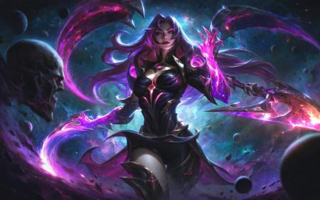 best aesthetic, lolsplashart, dark star katarina, A beautiful woman with long, flowing hair, dressed in a striking black and purple costume. She exudes an aura of darkness and mystery as she wields a wicked-looking scythe. The background of the image is filled with swirling galaxies, stars, and cosmic energy, representing the vastness and power of the universe. The woman's pose and expression suggest a deadly grace and determination, ready to unleash her dark powers upon her enemies. The combination of the woman's alluring yet menacing appearance and the cosmic backdrop creates a visually stunning and captivating image that evokes a sense of awe and fascination.