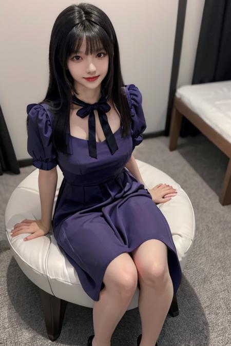 best quality,masterpiece,realistic,HDR,UHD,8K,Highly detailed,shiny skin,1girl,full body,medium breasts,black eyes,gradient hair,long hair,blunt bangs,light smile,sitting,ahirusuwari,hand on own knee,hair  ribbon,purple dress,night,indoor,from above,looking at viewer, <lora:yingqun:0.7>