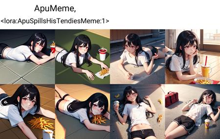 Highly detailed, High Quality, Masterpiece, beautiful, ApuMeme, <lora:ApuSpillsHisTendiesMeme:1>, 1girl, solo, black hair, red eyes, long hair, shirt, white shirt, shorts, short shorts, black shorts, lying, tears, on stomach, food, spill, crying, shadow, tearing up, on floor, cup, french fries