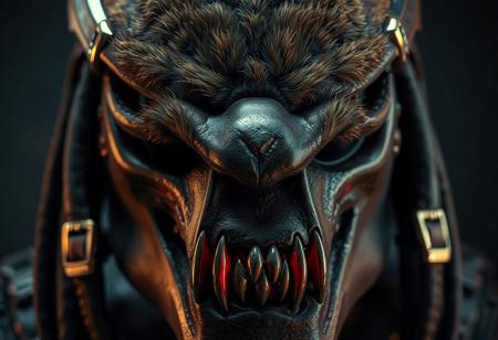 8K UE5/Octane close-up of a hyper-detailed grimdark predator mask with fur-textured brown/black surface, razor teeth, and gold-buckled straps. Cinematic 3-point lighting (warm key/cool fill/blood-red rim), nanite geometry for micro-details, ray-traced metal reflections. Kodak grain, chromatic aberration, custom LUT. #Grimdark #ConceptArt