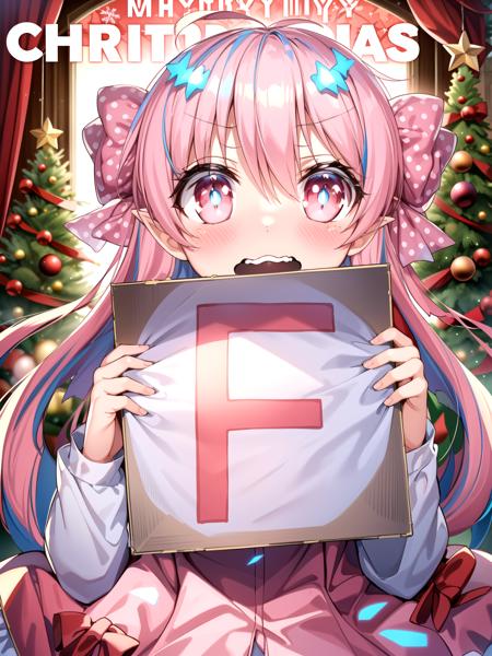 (Red Christmas dress:1.3), Christmas hair ornament, (glowing Christmas tree:1.3), (blush:1.2), Innocent, (shy:1.2), cute, Flat, Medium hair, Skirt, masterpiece, best quality, Side ponytail, (light pink hair:1.3), (gradient hair:1.0), white horns, Pointy ears, layered, frills, bare shoulders, sleeves, (Light blue hair:1.2), (Glowing sign text:1.3)