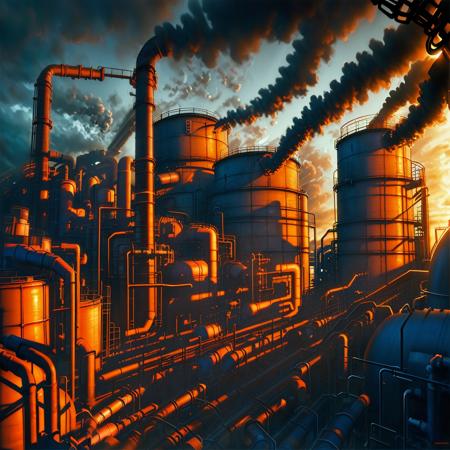 air exchange, (factory yard, chain-link fences, oil refinery, pipes going between metal silos and steam chimneys, evening sky, grey clouds), city 17, industrial, sharp focus, (dramatic lighting, two-tone lighting, physically-based rendering, raytraced shadows, subsurface scattering), award-winning artstation photo, extremely detailed illustration, (highly detailed, best quality, very detailed background, masterpiece), classic, by Greg Rutkowski, alphonse Mucha, (wlop), (8k, RAW photo, best quality, extremely detailed CG unity 8k wallpaper, huge filesize, ultra-detailed, highres, absurdres), ((Half-Life 2 beta, HL2 concept art)) <lora:HL2Beta002:0.5> <lora:HL2Beta001:0.5>