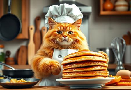 Create an image of a chubby orange cat wearing a chef's hat and apron. The cat is standing in a kitchen proudly holding a huge plate of pancakes. Surround it with kitchen utensils, such as a frying pan, whisk, and ingredients for pancakes, to create an atmosphere of culinary creativity. The lighting should be warm and cozy, highlighting the friendly and cheerful character of the cat.