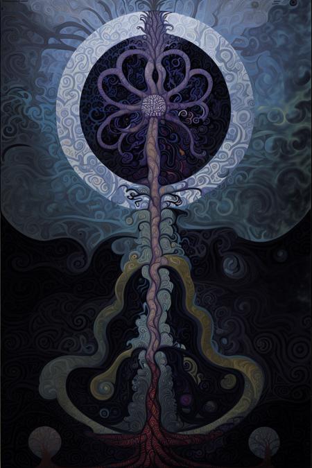 a painting of a tree with a swirly design on it's side and a tree on top of it, Amanda Sage, dmt, a surrealist painting, metaphysical painting, occult , Alasdair Gray, comic cover art, a gouache, metaphysical painting , a painting of a blue octopus with a star above it , solo, looking at viewer, sky, pokemon (creature), no humans, traditional media, tentacles, mountain, eldritch abomination